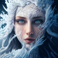 portrait of a fictional woman covered in ice and snow, generative ai 