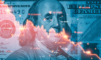 Benjamin Franklin face on USD dollar banknote with red decreasing stock market graph chart for symbol of economic recession crisis concept. - obrazy, fototapety, plakaty