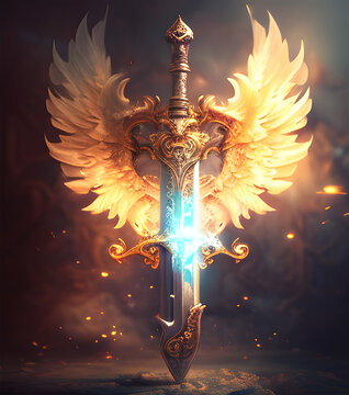 Gorgeous fantasy sword golden wings angel Digital Illustration on sunny light Gaming Assets. generative ai technology	