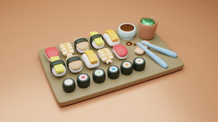 3D Rendering - Low polly sushi japanese food icon - perfect for background and additional objects