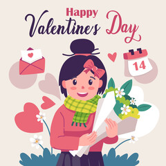 Valentine's day scene design of a happy girl holding a bunch of flowers. Happy anniversary background.