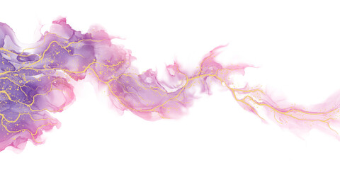 Abstract liquid fluid art painting background alcohol ink technique purple and gold with text space for banner, background in luxury style.