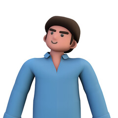 3D ILLUSTRATION RENDERING. PORTRAIT SMILLING MAN CUTE CARTOON CHARACTER YOUNG MALE MODEL STANDING ON ISOLATED WHITE BACKGROUND. MINIMAL SOCIAL MEDIA AVATAR PEOPLE PROFILE PICTURE DESIGN. 