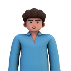 3D ILLUSTRATION RENDERING. PORTRAIT SMILLING MAN CUTE CARTOON CHARACTER YOUNG MALE MODEL STANDING ON ISOLATED WHITE BACKGROUND. MINIMAL SOCIAL MEDIA AVATAR PEOPLE PROFILE PICTURE DESIGN. 
