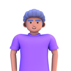 3D ILLUSTRATION RENDERING. PORTRAIT SMILLING MAN CUTE CARTOON CHARACTER YOUNG MALE MODEL STANDING ON ISOLATED WHITE BACKGROUND. MINIMAL SOCIAL MEDIA AVATAR PEOPLE PROFILE PICTURE DESIGN. 