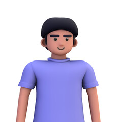 3D ILLUSTRATION RENDERING. PORTRAIT SMILLING MAN CUTE CARTOON CHARACTER YOUNG MALE MODEL STANDING ON ISOLATED WHITE BACKGROUND. MINIMAL SOCIAL MEDIA AVATAR PEOPLE PROFILE PICTURE DESIGN. 