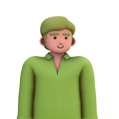 3D ILLUSTRATION RENDERING. PORTRAIT SMILLING MAN CUTE CARTOON CHARACTER YOUNG MALE MODEL STANDING ON ISOLATED WHITE BACKGROUND. MINIMAL SOCIAL MEDIA AVATAR PEOPLE PROFILE PICTURE DESIGN. 
