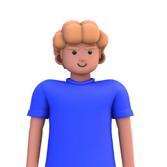 3D ILLUSTRATION RENDERING. PORTRAIT SMILLING MAN CUTE CARTOON CHARACTER YOUNG MALE MODEL STANDING ON ISOLATED WHITE BACKGROUND. MINIMAL SOCIAL MEDIA AVATAR PEOPLE PROFILE PICTURE DESIGN. 