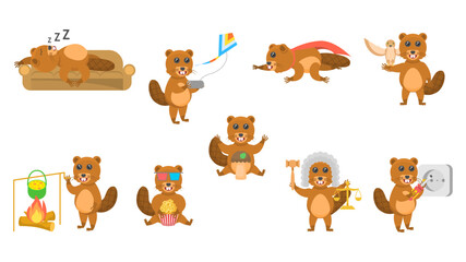 Big Set Abstract Collection Flat Cartoon Different Animal Beavers Vector Design Style Elements Fauna Wildlife