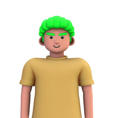 3D ILLUSTRATION RENDERING. PORTRAIT SMILLING MAN CUTE CARTOON CHARACTER YOUNG MALE MODEL STANDING ON ISOLATED WHITE BACKGROUND. MINIMAL SOCIAL MEDIA AVATAR PEOPLE PROFILE PICTURE DESIGN. 
