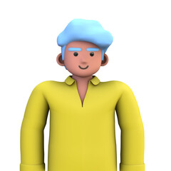 3D ILLUSTRATION RENDERING. PORTRAIT SMILLING MAN CUTE CARTOON CHARACTER YOUNG MALE MODEL STANDING ON ISOLATED WHITE BACKGROUND. MINIMAL SOCIAL MEDIA AVATAR PEOPLE PROFILE PICTURE DESIGN. 
