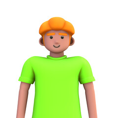 3D ILLUSTRATION RENDERING. PORTRAIT SMILLING MAN CUTE CARTOON CHARACTER YOUNG MALE MODEL STANDING ON ISOLATED WHITE BACKGROUND. MINIMAL SOCIAL MEDIA AVATAR PEOPLE PROFILE PICTURE DESIGN. 