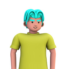 3D ILLUSTRATION RENDERING. PORTRAIT SMILLING MAN CUTE CARTOON CHARACTER YOUNG MALE MODEL STANDING ON ISOLATED WHITE BACKGROUND. MINIMAL SOCIAL MEDIA AVATAR PEOPLE PROFILE PICTURE DESIGN. 