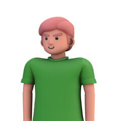 3D ILLUSTRATION RENDERING. PORTRAIT SMILLING MAN CUTE CARTOON CHARACTER YOUNG MALE MODEL STANDING ON ISOLATED WHITE BACKGROUND. MINIMAL SOCIAL MEDIA AVATAR PEOPLE PROFILE PICTURE DESIGN. 