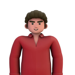 3D ILLUSTRATION RENDERING. PORTRAIT SMILLING MAN CUTE CARTOON CHARACTER YOUNG MALE MODEL STANDING ON ISOLATED WHITE BACKGROUND. MINIMAL SOCIAL MEDIA AVATAR PEOPLE PROFILE PICTURE DESIGN. 