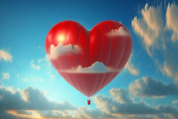 Fototapeta premium Heart shaped hot air balloon floating in blue sky at dawn. Valentine's day love illustration.