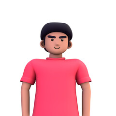 3D ILLUSTRATION RENDERING. PORTRAIT SMILLING MAN CUTE CARTOON CHARACTER YOUNG MALE MODEL STANDING ON ISOLATED WHITE BACKGROUND. MINIMAL SOCIAL MEDIA AVATAR PEOPLE PROFILE PICTURE DESIGN. 