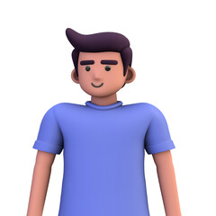 3D ILLUSTRATION RENDERING. PORTRAIT SMILLING MAN CUTE CARTOON CHARACTER YOUNG MALE MODEL STANDING ON ISOLATED WHITE BACKGROUND. MINIMAL SOCIAL MEDIA AVATAR PEOPLE PROFILE PICTURE DESIGN. 