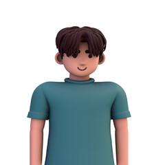 3D ILLUSTRATION RENDERING. PORTRAIT SMILLING MAN CUTE CARTOON CHARACTER YOUNG MALE MODEL STANDING ON ISOLATED WHITE BACKGROUND. MINIMAL SOCIAL MEDIA AVATAR PEOPLE PROFILE PICTURE DESIGN. 