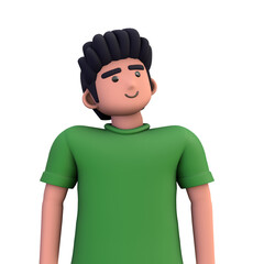 3D ILLUSTRATION RENDERING. PORTRAIT SMILLING MAN CUTE CARTOON CHARACTER YOUNG MALE MODEL STANDING ON ISOLATED WHITE BACKGROUND. MINIMAL SOCIAL MEDIA AVATAR PEOPLE PROFILE PICTURE DESIGN. 
