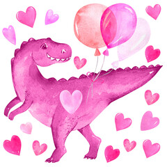 Valentines Day Dinosaur With Heart. Birthday Card Pink Dino Balloons