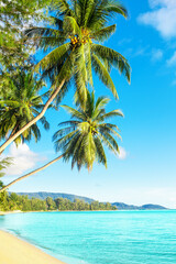Beautiful tropical island sea beach landscape, turquoise ocean water, yellow sand, sun blue sky...