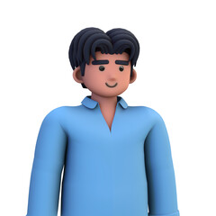 3D ILLUSTRATION RENDERING. PORTRAIT SMILLING MAN CUTE CARTOON CHARACTER YOUNG MALE MODEL STANDING ON ISOLATED WHITE BACKGROUND. MINIMAL SOCIAL MEDIA AVATAR PEOPLE PROFILE PICTURE DESIGN. 