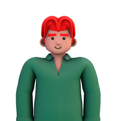 3D ILLUSTRATION RENDERING. PORTRAIT SMILLING MAN CUTE CARTOON CHARACTER YOUNG MALE MODEL STANDING ON ISOLATED WHITE BACKGROUND. MINIMAL SOCIAL MEDIA AVATAR PEOPLE PROFILE PICTURE DESIGN.