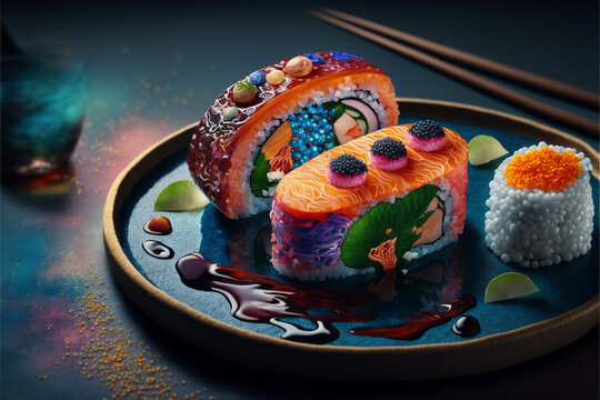 Fresh Beautiful Sushi Setup with Salmon Maki and Misterious Ingredients. Ai generated