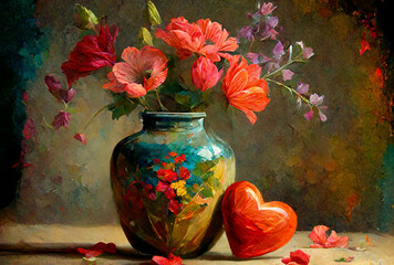Oil painting of a vase of flowers next to a red heart.