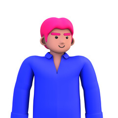 3D ILLUSTRATION RENDERING. PORTRAIT SMILLING MAN CUTE CARTOON CHARACTER YOUNG MALE MODEL STANDING ON ISOLATED WHITE BACKGROUND. MINIMAL SOCIAL MEDIA AVATAR PEOPLE PROFILE PICTURE DESIGN.