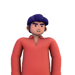 3D ILLUSTRATION RENDERING. PORTRAIT SMILLING MAN CUTE CARTOON CHARACTER YOUNG MALE MODEL STANDING ON ISOLATED WHITE BACKGROUND. MINIMAL SOCIAL MEDIA AVATAR PEOPLE PROFILE PICTURE DESIGN. 
