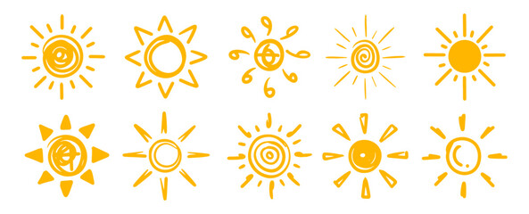 Fototapeta premium Sun icons design bundle collection. Hand drawn doodle nature heat symbol.