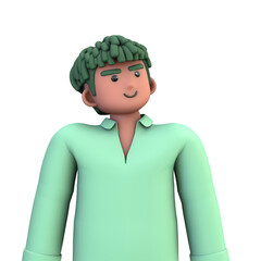 3D ILLUSTRATION RENDERING. PORTRAIT SMILLING MAN CUTE CARTOON CHARACTER YOUNG MALE MODEL STANDING ON ISOLATED WHITE BACKGROUND. MINIMAL SOCIAL MEDIA AVATAR PEOPLE PROFILE PICTURE DESIGN. 