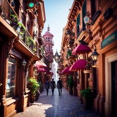 Fototapeta premium beautiful, stylized night street, people passing by, pleasant light, steampunk style, fantasy, generated in ai