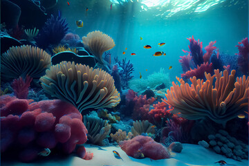 Fototapeta na wymiar illustration of underwater sea colorful tropical fish in the coral reef.AI
