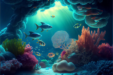 illustration of underwater sea colorful tropical fish in the coral reef.AI