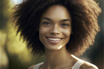 Beautiful happy commercial woman outside (AI Generated)
