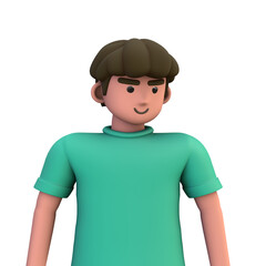 3D ILLUSTRATION RENDERING. PORTRAIT SMILLING MAN CUTE CARTOON CHARACTER YOUNG MALE MODEL STANDING ON ISOLATED WHITE BACKGROUND. MINIMAL SOCIAL MEDIA AVATAR PEOPLE PROFILE PICTURE DESIGN. 
