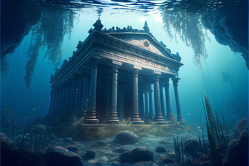 Illustration of the ruins of the Atlantis civilization. Underwater ruins AI - obrazy, fototapety, plakaty