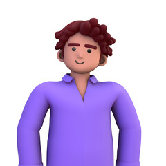 3D ILLUSTRATION RENDERING. PORTRAIT SMILLING MAN CUTE CARTOON CHARACTER YOUNG MALE MODEL STANDING ON ISOLATED WHITE BACKGROUND. MINIMAL SOCIAL MEDIA AVATAR PEOPLE PROFILE PICTURE DESIGN. 
