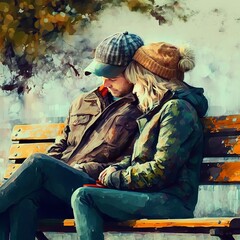 couple sitting on bench Generative AI