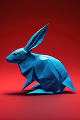 Blue rabbit made with origami over red background. Chinese new year concept. Generative AI Illustration