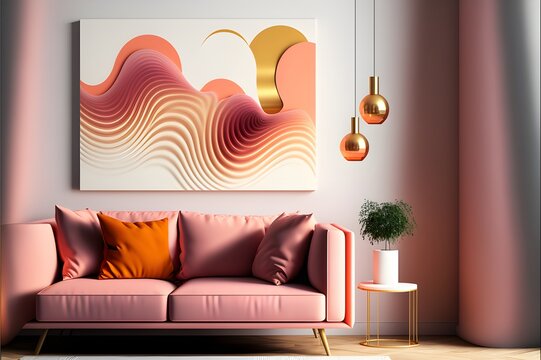 Mockup Of An Interior Pink Wall In A Living Room With A Pink Sofa. Generative AI