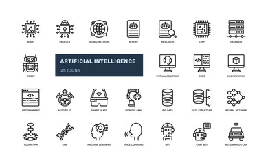 artificial intelligence future technology AI system machine learning collect database detailed outline line icon set