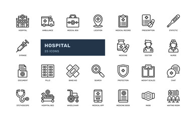 hospital medical medicine healthcare treatment doctor detailed outline line icon set