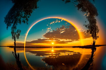Fototapeta na wymiar Sunset sky on clear blue sky and rainbows halo Generative AI