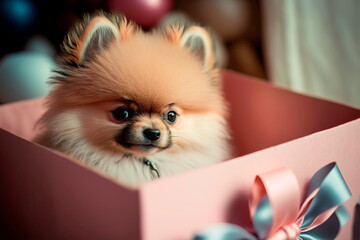 Fototapeta na wymiar Spitz puppy in a pink gift box with a bow Generative AI