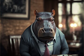 Portrait of a hippopotamus dressed in a formal business suit, generative ai - obrazy, fototapety, plakaty