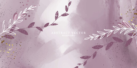 Abstract vector illustration in pink tones in a watercolor style with flowers, twigs and leaves, golden splashes